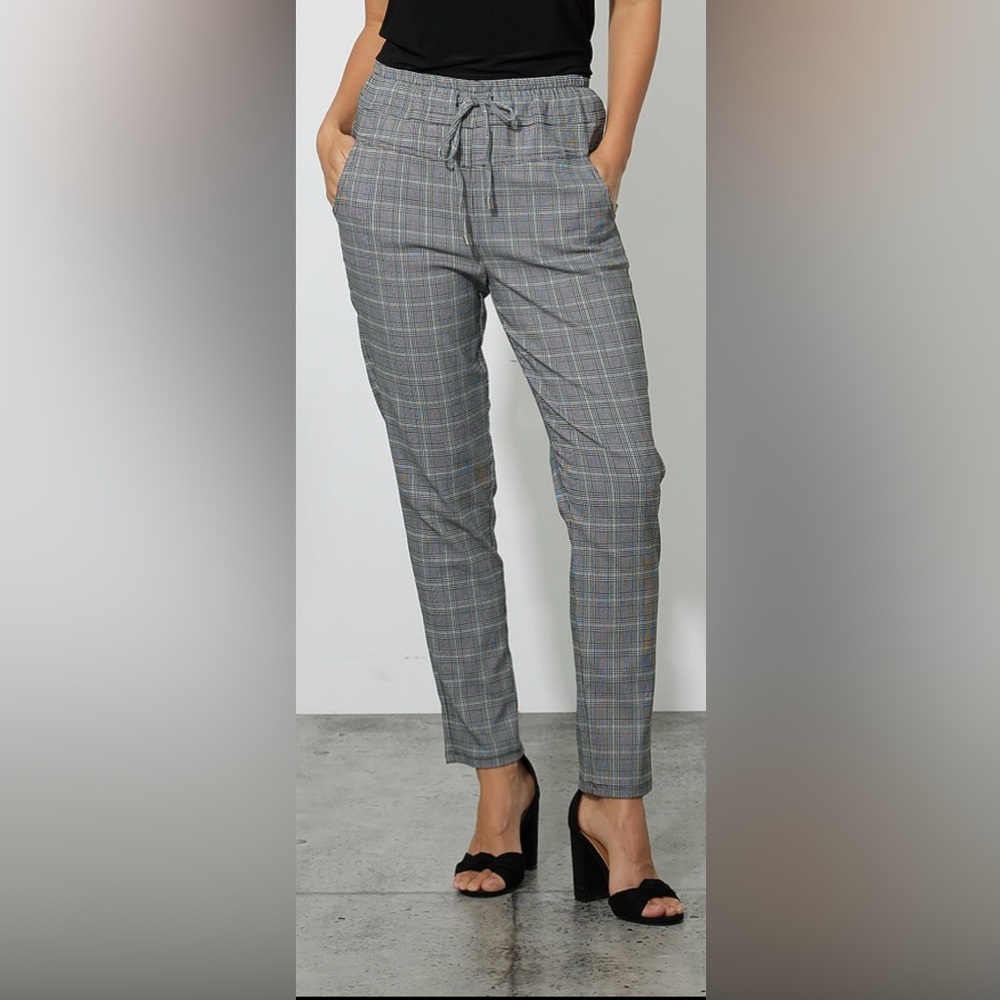 Joseph Ribkoff Drawstring Plaid Pants Style, black and white pants, ankle pants